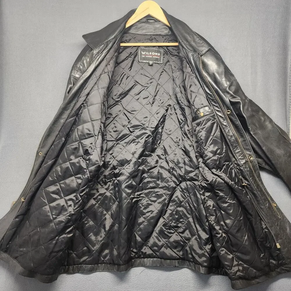 Wilsons Leather Coat Mens XL Black Distressed Pockets Winter Quilted Lining
